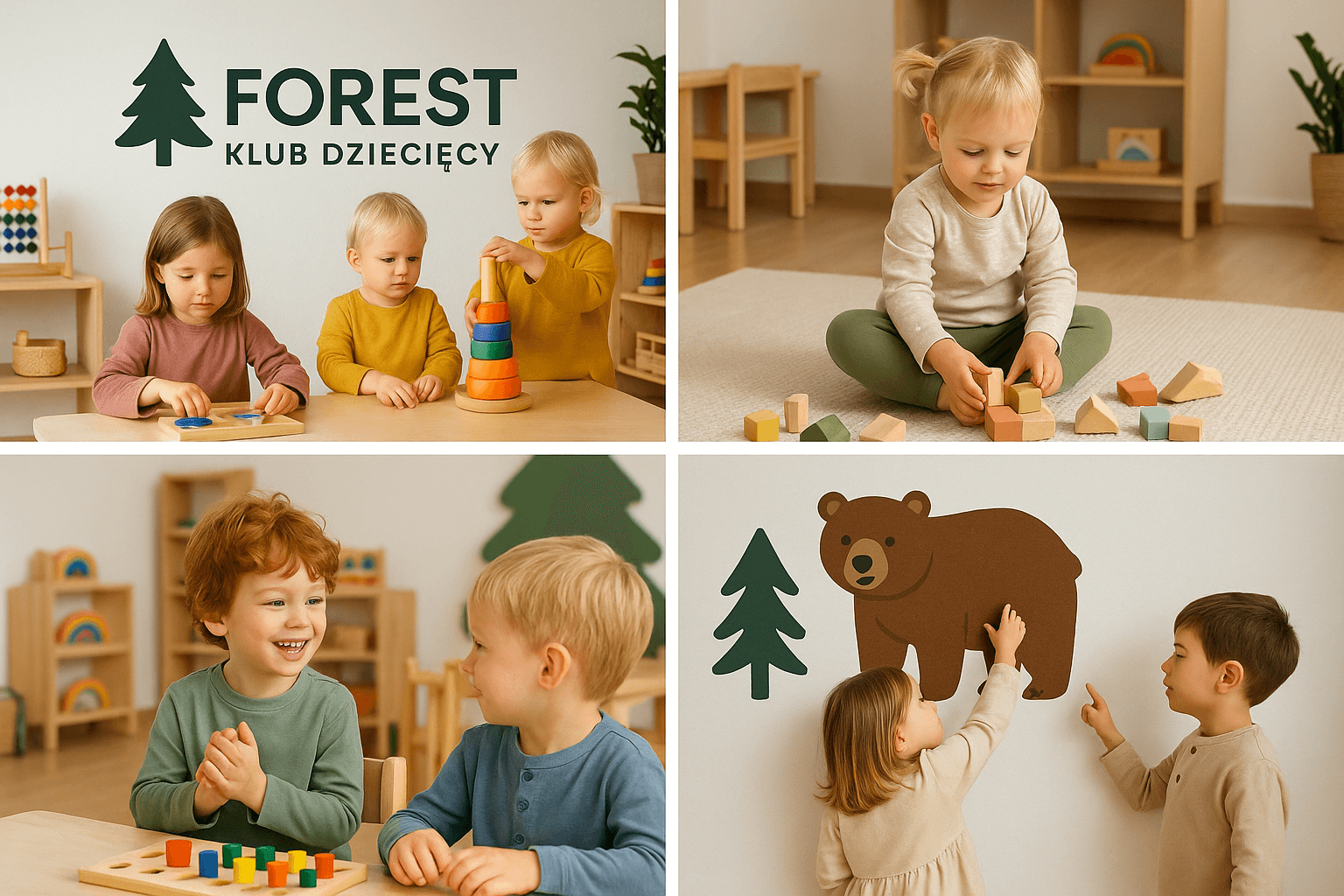 Zdjęcie podzielone na cztery mniejsze zdjęcia, przedstawiające bawiące się dzieci